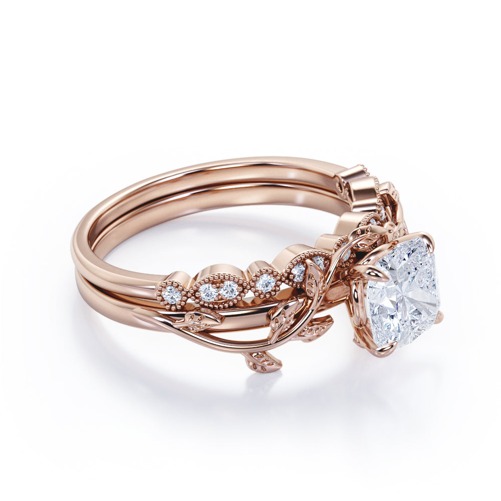 Floral 1.25 Carat Cushion Cut Moissanite Vintage Bridal Set