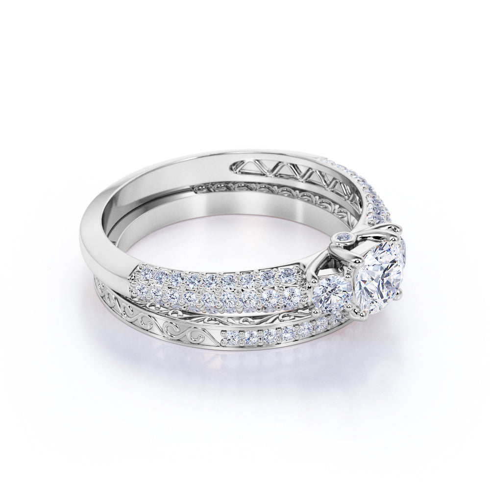 JeenMata 1.25 Carat Round Brilliant Cut Lab Grown Three Stones Diamond - Vintage Design Wedding Ring Set in 18K White Gold Plating for Women