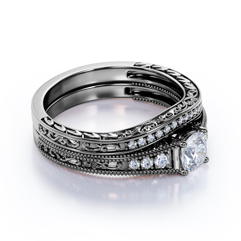 Certified 1.5 CT Round Lab Diamond Vintage Milgrain Bridal Set