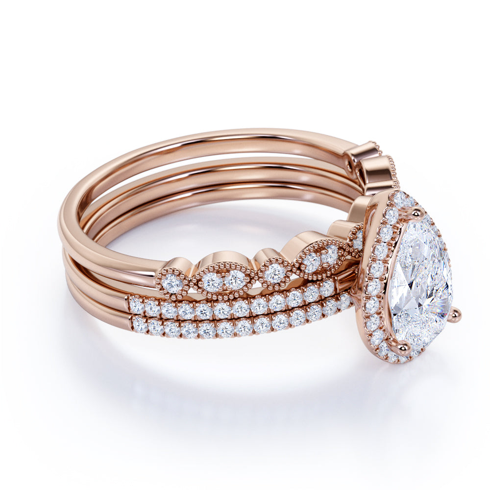 Pave 2 Carat Pear Cut Moissanite Halo Trio Set