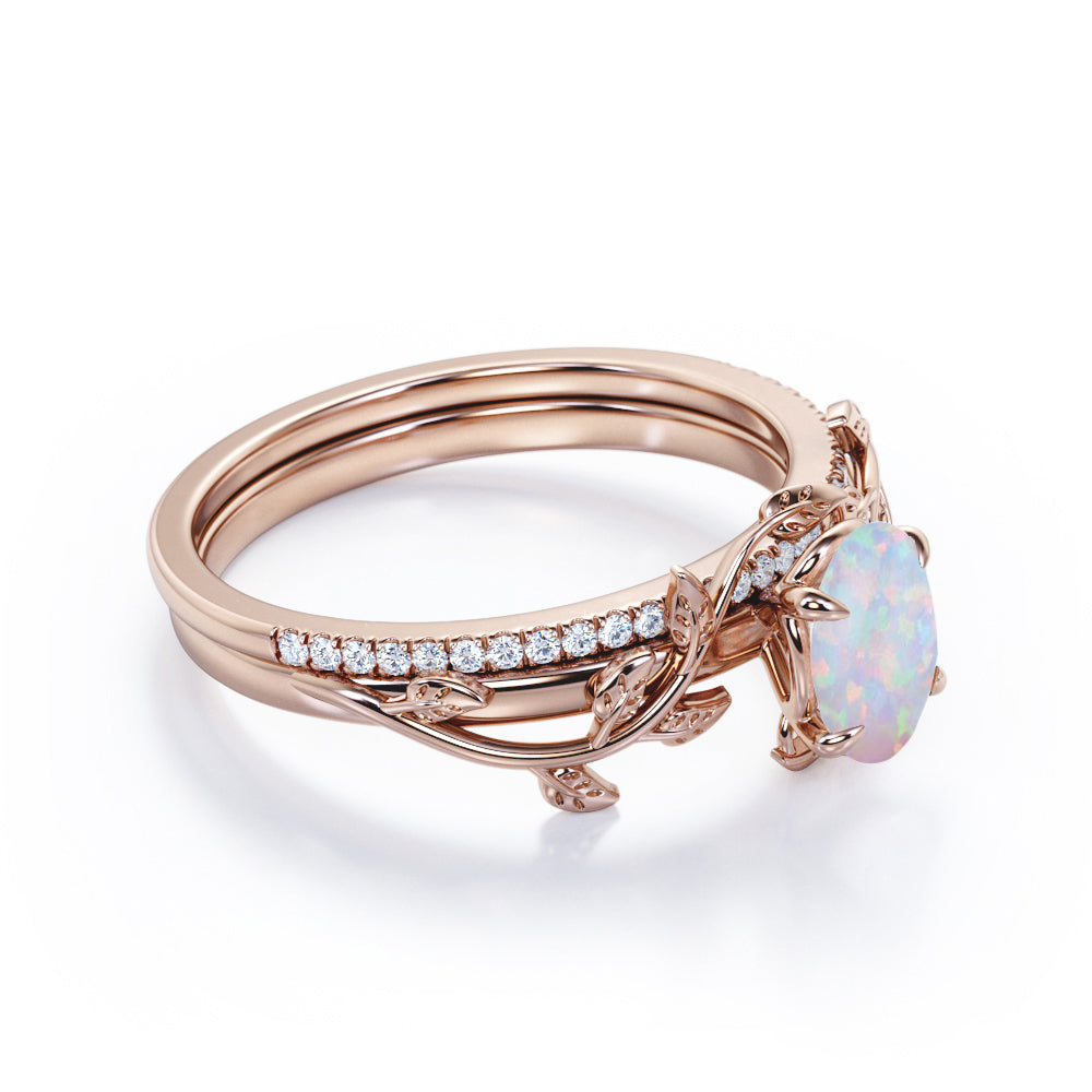 JeenMata Prong Setting 1.5 Carat Ovate Rainbow Opal and Moissanite Leaf Design Wedding Ring Set in 18K Black Gold Plating over Silver