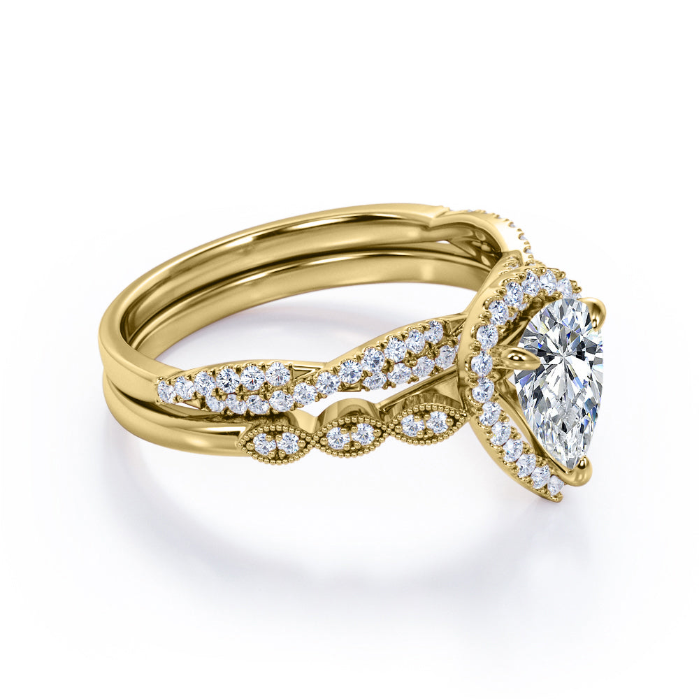 Art Deco 1.5 Carat Pear Cut Moissanite Wedding Ring Set