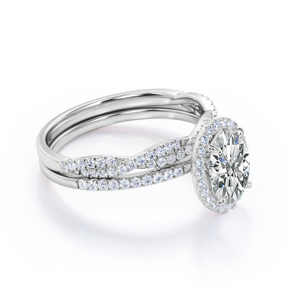 1.50 Carat Oval Cut Moissanite Halo Wedding Ring Set