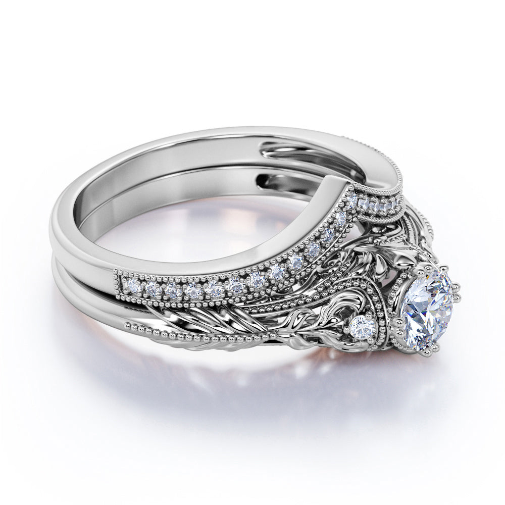 JeenMata Engraved 0.68 Carat Round Cut Real Diamond Victorian-Inspired Wedding Ring Set with Chevron Wedding Band in 10k White Gold