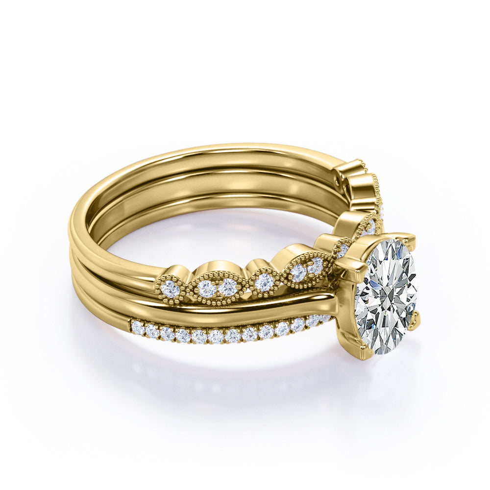 Solitaire 2 Carat Oval Cut Moissanite Art Deco Trio Set