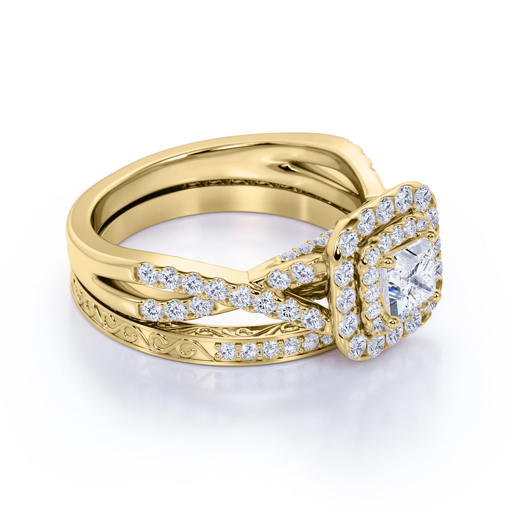 1.25 ct - Square Moissanite - Double Halo - Twisted Band - Vintage Inspired - Pave - Wedding Ring Set