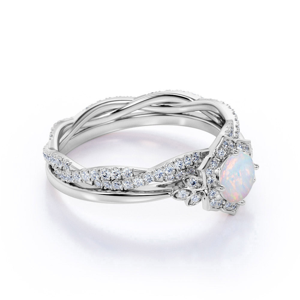 JeenMata 1.75 ct Genuine Round Blue Opal and Moissanite Bridal Ring Set in 18K White Gold over Silver