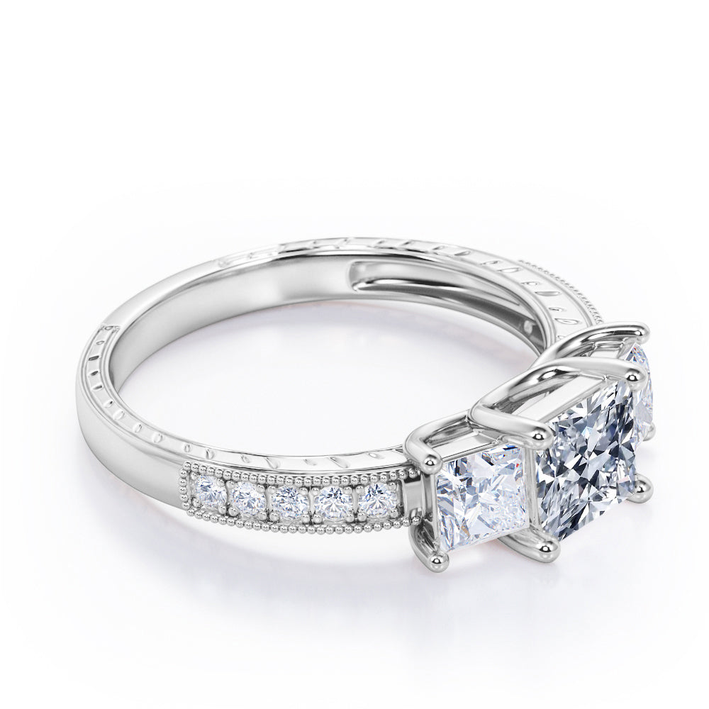 Trilogy 1.25 Carat Princess Cut Moissanite Milgrain Engagement Ring