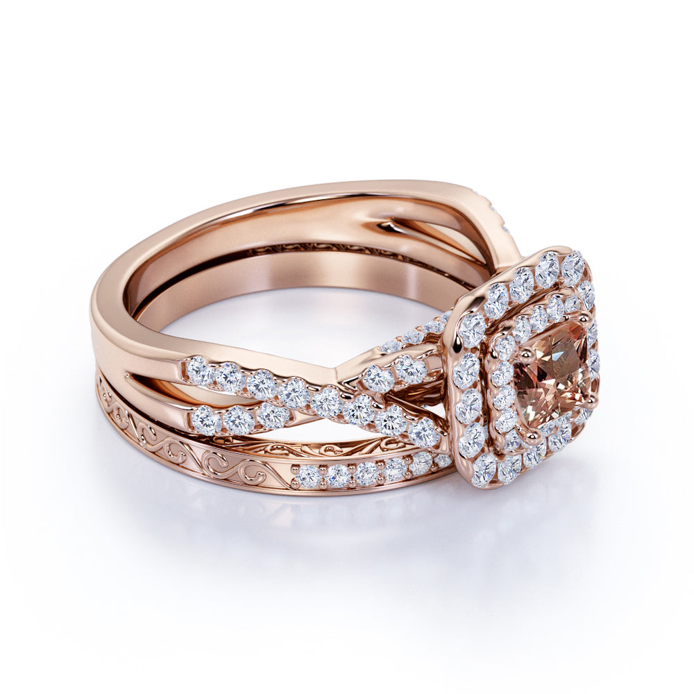 JeenMata 1.25 CT - Princess Cut - Champagne created morganite - Double Halo - Twisted Band - Vintage Inspired - Wedding Ring Set in 18K Rose Gold over Silver
