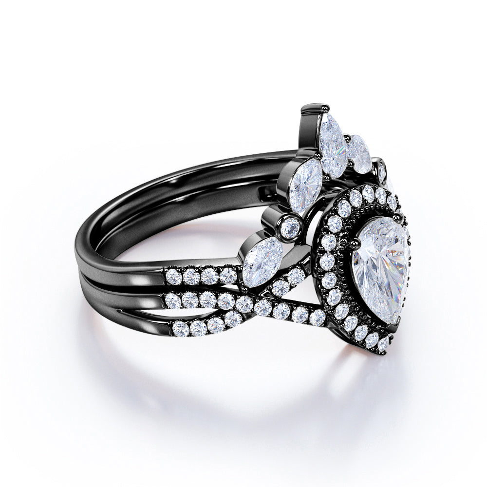 JeenMata 1.75 Carat Pear Cut Moissanite Bohemian Wedding Set - Infinity Engagement Ring with Art Deco Wedding Band in 10k White Gold