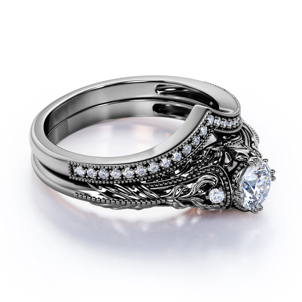 JeenMata Engraved 0.68 Carat Round Cut Real Diamond Victorian-Inspired Wedding Ring Set with Chevron Wedding Band in 10k White Gold