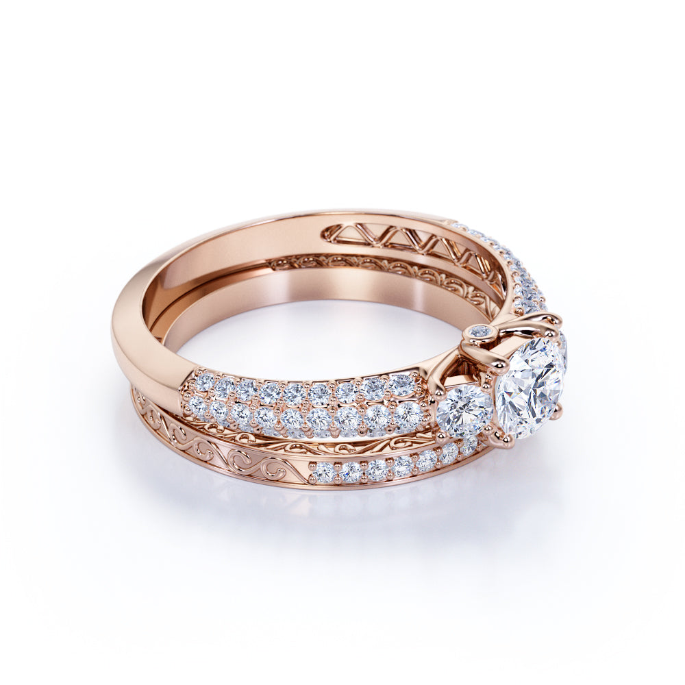 JeenMata 1.25 Carat Round Brilliant Cut Lab Grown Three Stones Diamond - Vintage Design Wedding Ring Set in 18K White Gold Plating for Women