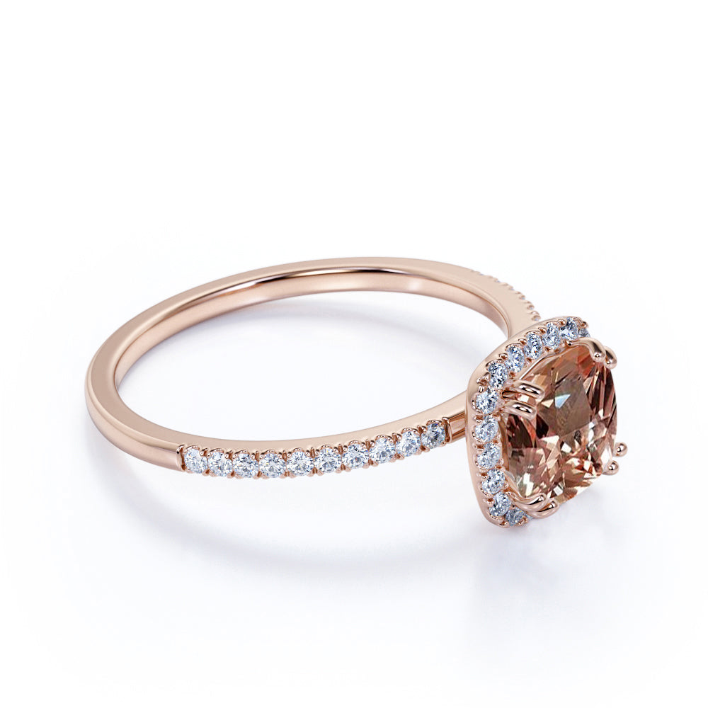 JeenMata 1.75 Carat Cushion Cut created morganite Halo Engagement Ring in 18k Rose Gold over Silver