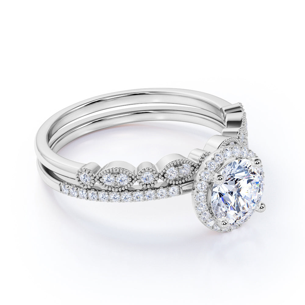 Certified 2 CT Round Lab Grown  Diamond Halo Art Deco Bridal Set