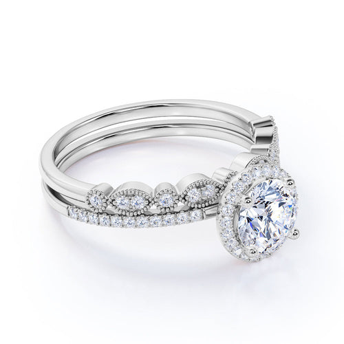 2 CT Round Lab Grown  Diamond Halo Art Deco Bridal Set