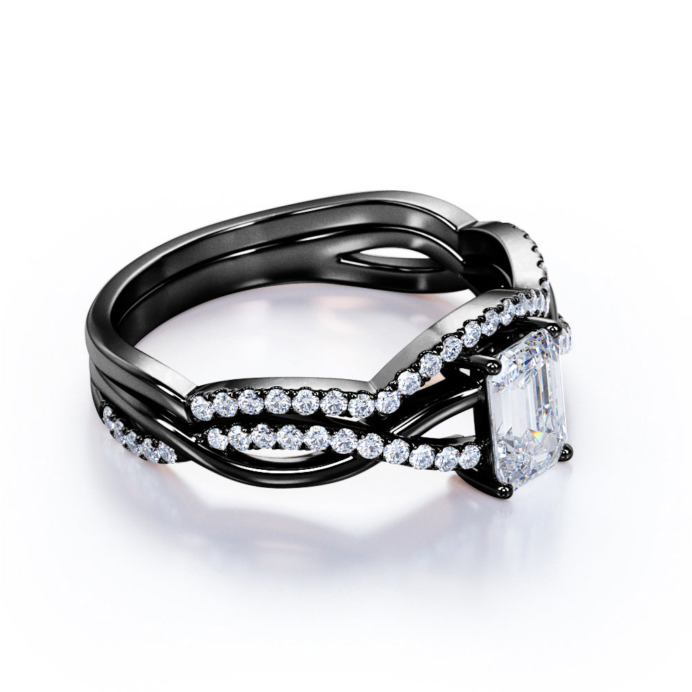 Three Stone 1.50 Carat Emerald Cut Moissanite Bridal Set