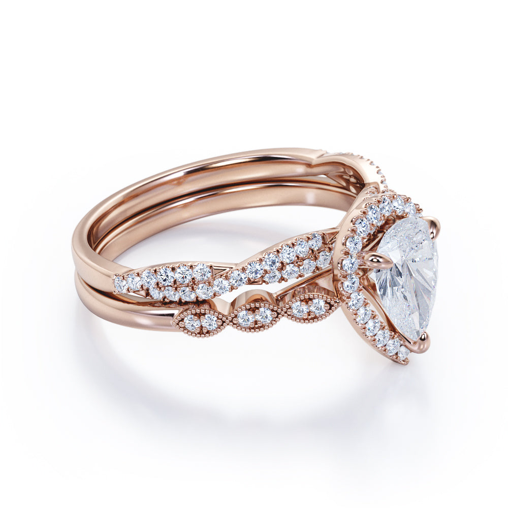 Art Deco 1.5 Carat Pear Cut Moissanite Wedding Ring Set