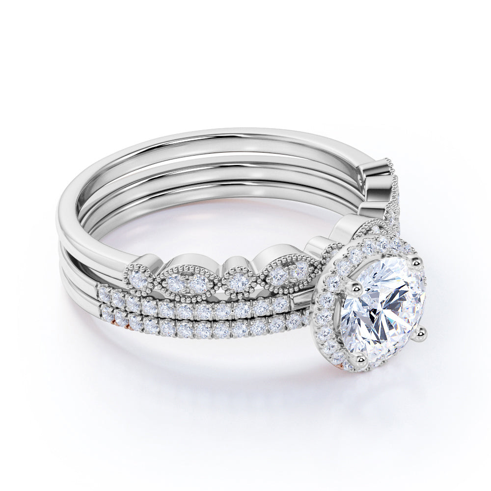 Pave 2 Carat Round Cut Moissanite Halo Trio Set