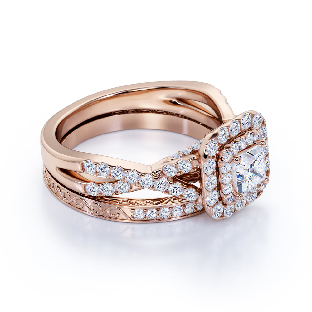 JeenMata Square Diamond - Double Halo - Twisted Band - Vintage Inspired - Pave - Wedding Ring Set in 10K Rose Gold