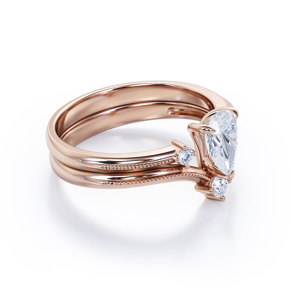 1 Carat Teardrop Moissanite V Shaped Wedding Ring Set