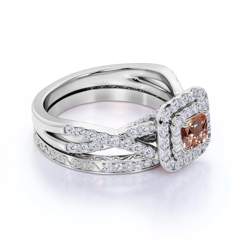 JeenMata 1.25 CT - Princess Cut - Champagne created morganite - Double Halo - Twisted Band - Vintage Inspired - Wedding Ring Set in 18K Rose Gold over Silver
