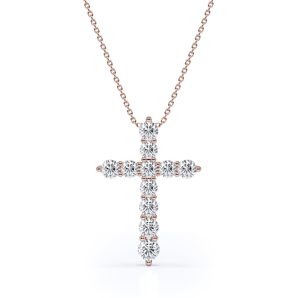 Certified Lab Grown Diamond Cross Pendant Necklace in 18K Rose Gold over Silver