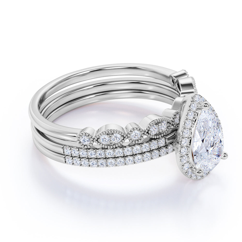 Pave 2 Carat Pear Cut Moissanite Halo Trio Set