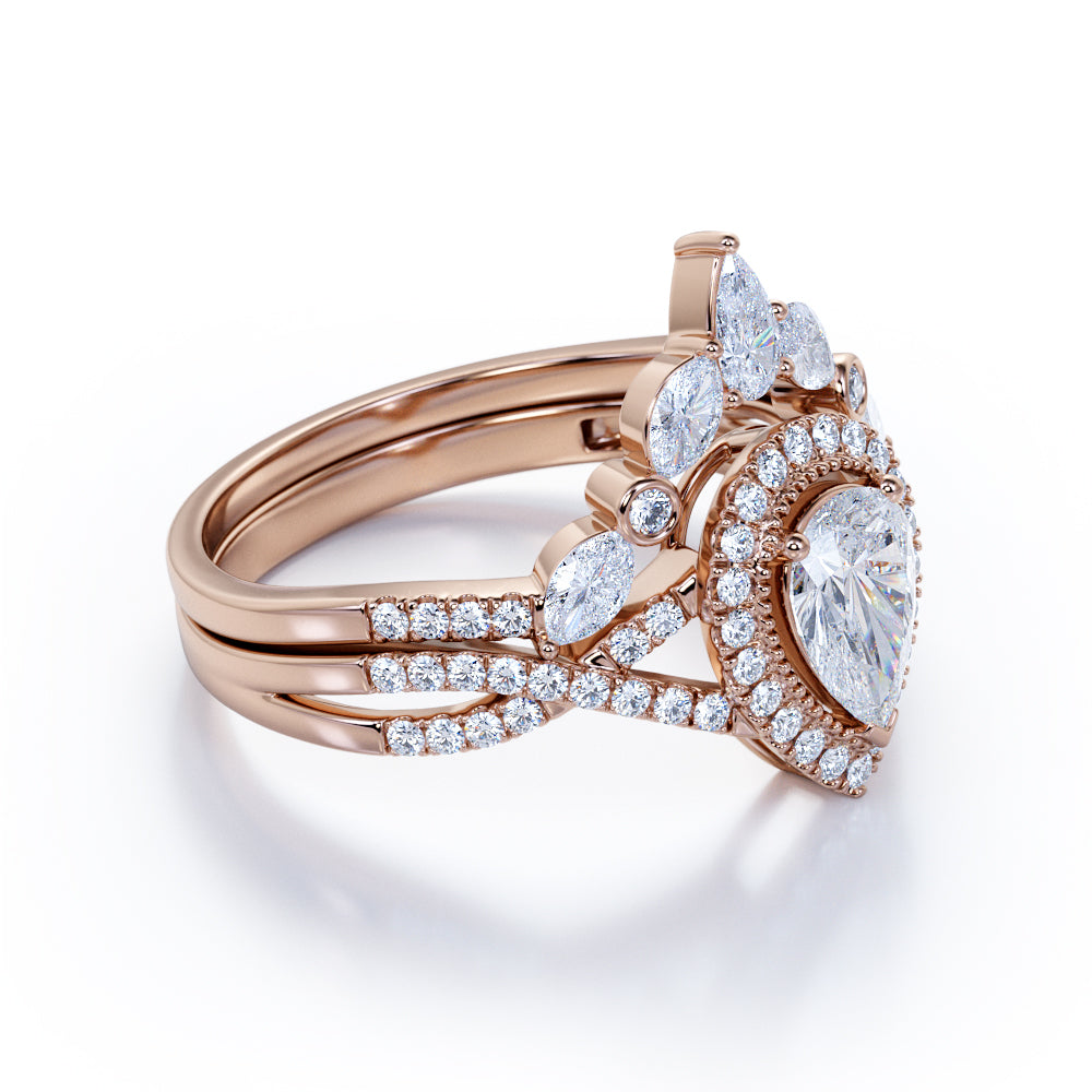 JeenMata 1.75 Carat Pear Cut Moissanite Bohemian Wedding Set - Infinity Engagement Ring with Art Deco Wedding Band in 10k White Gold