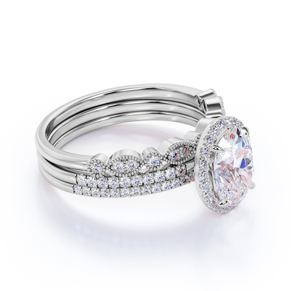 Art Deco 2 Carat Oval cut Real Moissanite Wedding Trio Ring Set with Engagement Ring and 2 Wedding Bands in 18k Gold Over Silver