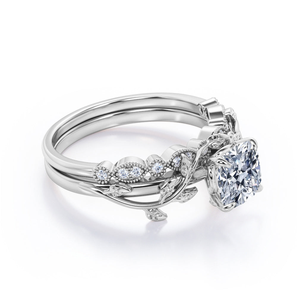 Floral 1.25 Carat Cushion Cut Moissanite Vintage Bridal Set