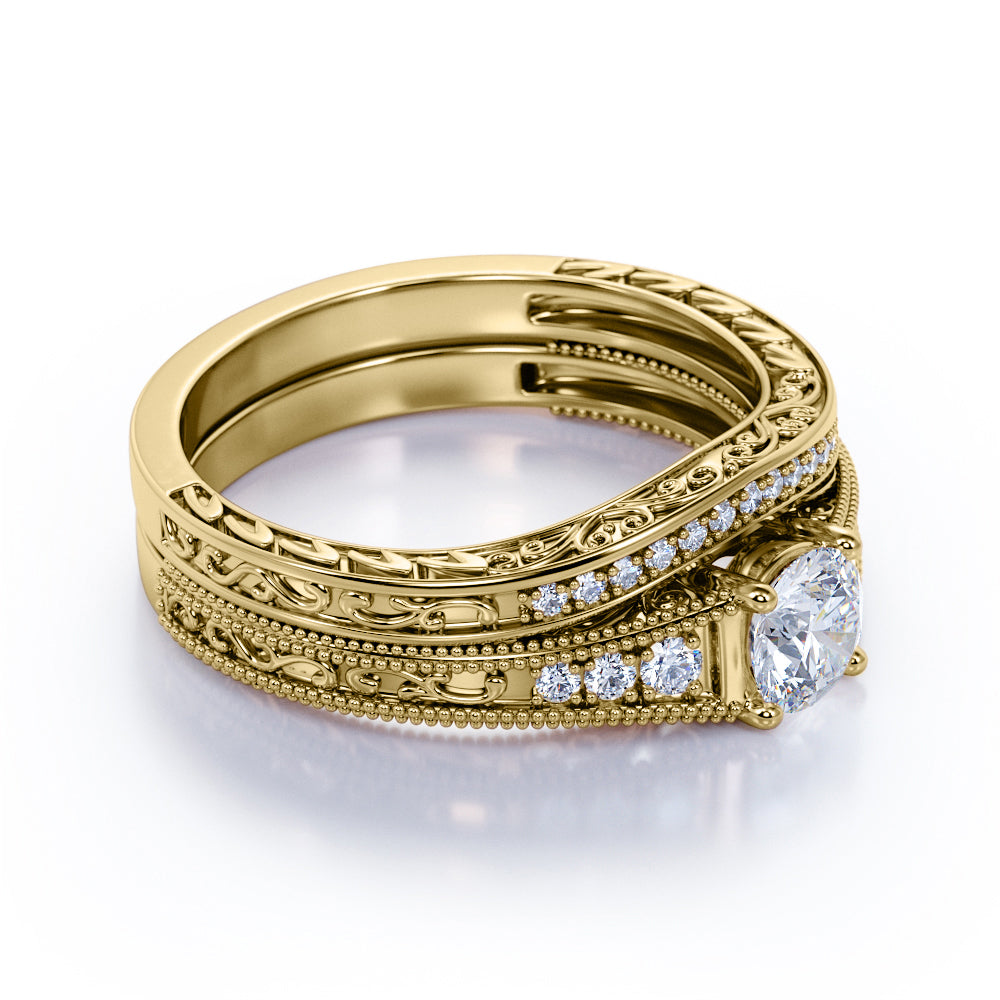 Certified 1.5 CT Round Lab Diamond Vintage Milgrain Bridal Set