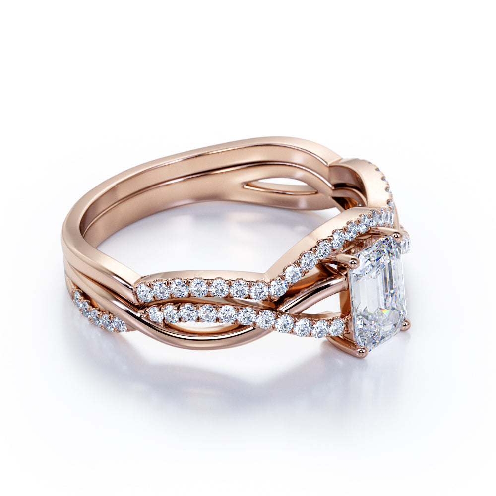 Three Stone 1.50 Carat Emerald Cut Moissanite Bridal Set