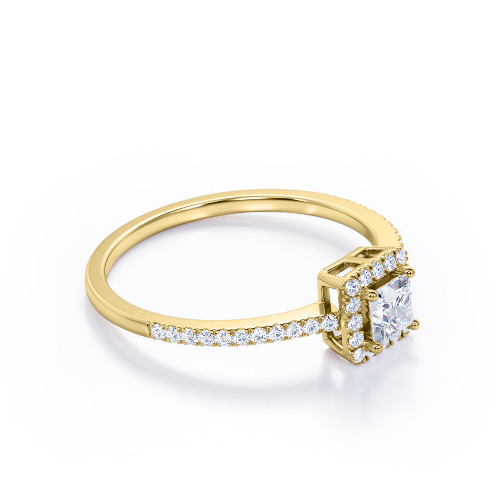 Pave 1 Carat Princess Cut Moissanite Halo Engagement Ring