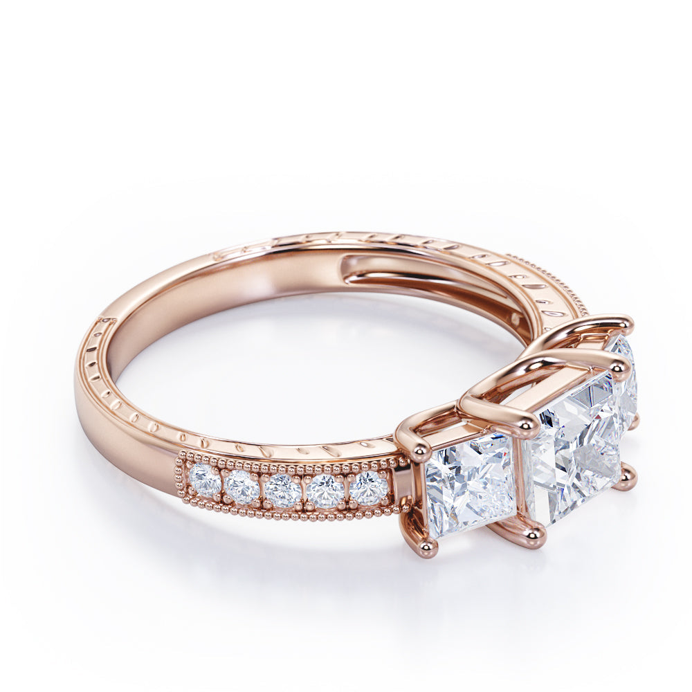 Trilogy 1.25 Carat Princess Cut Moissanite Milgrain Engagement Ring