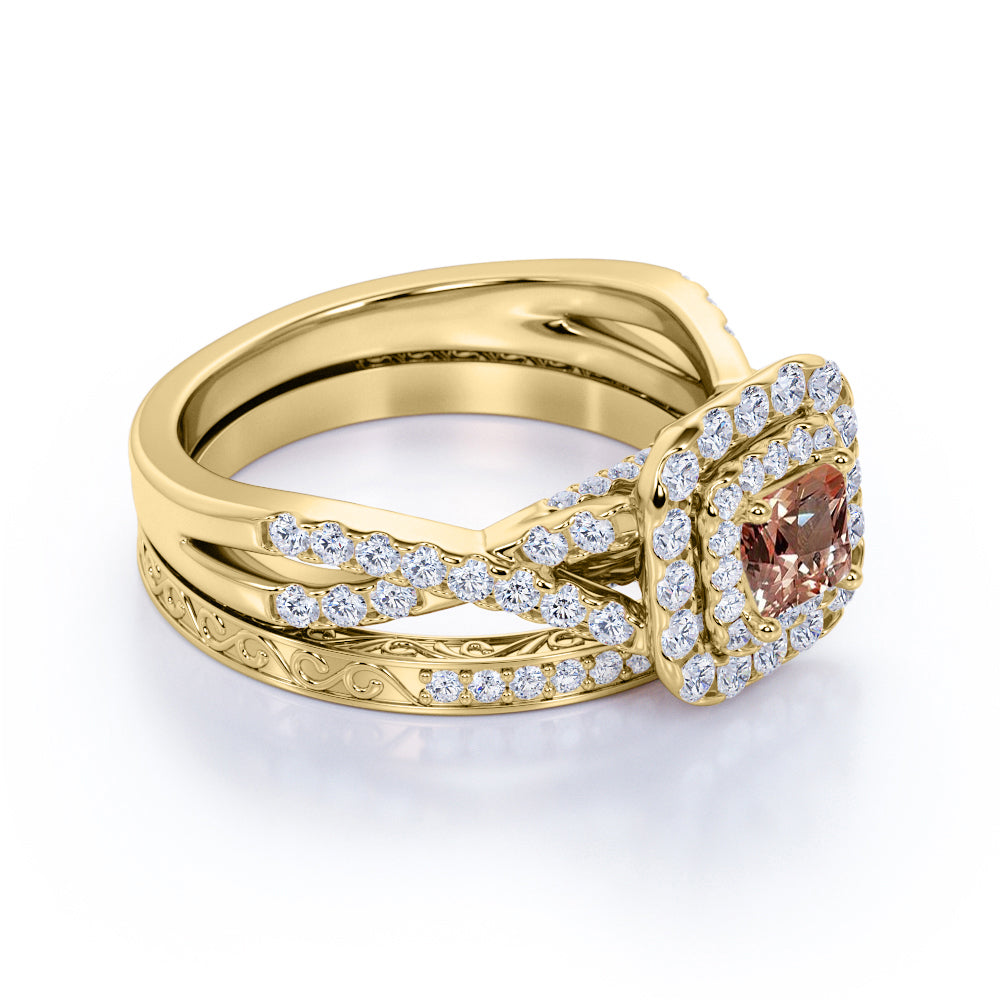 JeenMata 1.25 CT - Princess Cut - Champagne created morganite - Double Halo - Twisted Band - Vintage Inspired - Wedding Ring Set in 18K Rose Gold over Silver
