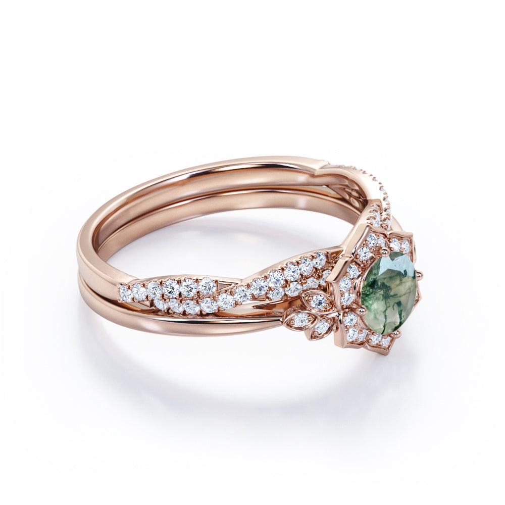 JeenMata Flower Halo Bezel 1.5 Carat Round Cut Milky Dendritic Moss Green Agate and Moissanite Infinity Twisted Band Wedding Ring Set in 18K Rose Gold Plating over Silver