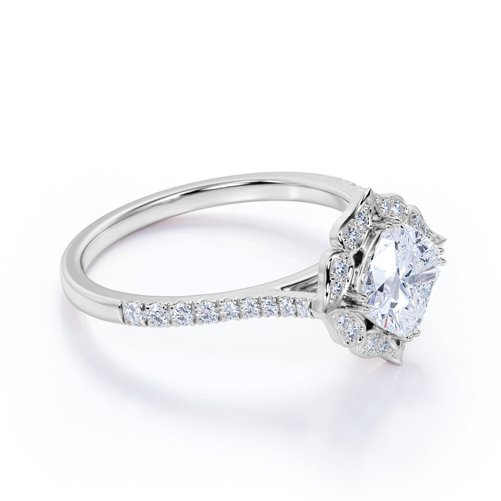 1.25 Carat Cushion Cut Moissanite Floral Engagement Ring