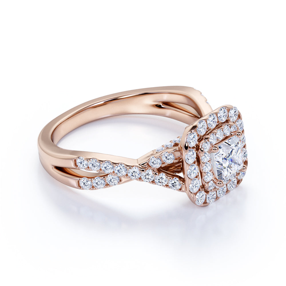 0.50 Carat - Square Cut Diamond - Twisted Band - Pave - Double Halo Engagement Ring - 10K White Gold