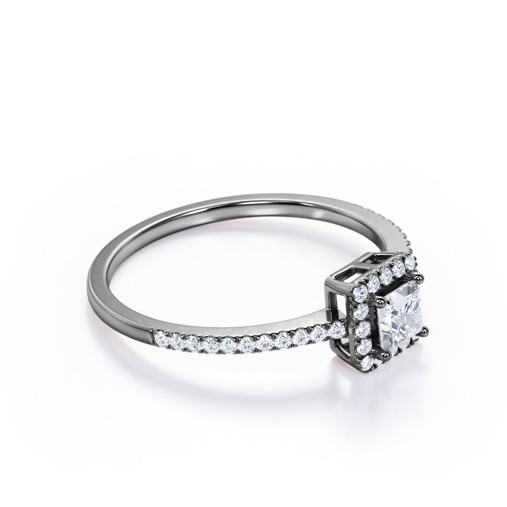 Pave 1 Carat Princess Cut Moissanite Halo Engagement Ring