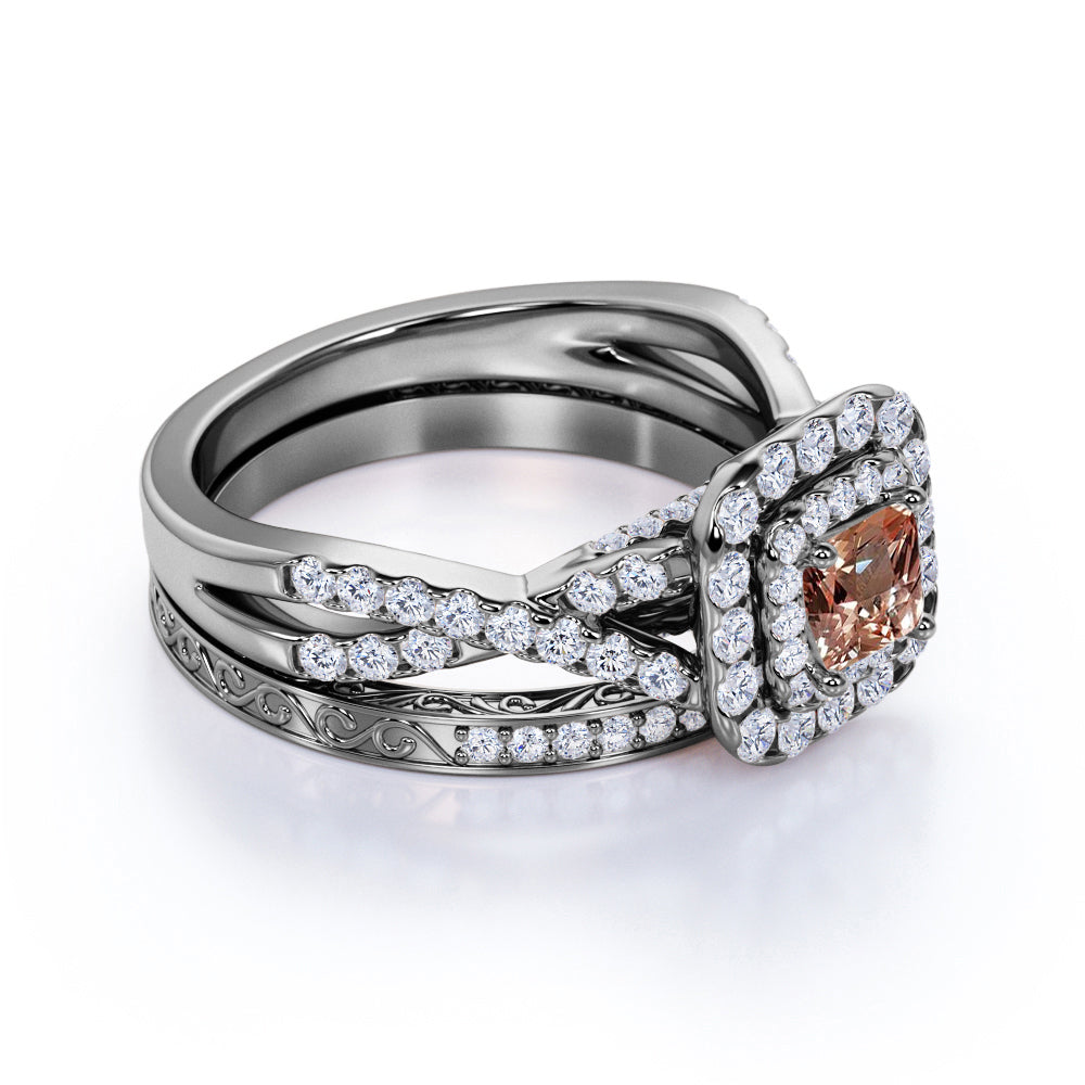JeenMata 1.25 CT - Princess Cut - Champagne created morganite - Double Halo - Twisted Band - Vintage Inspired - Wedding Ring Set in 18K Rose Gold over Silver