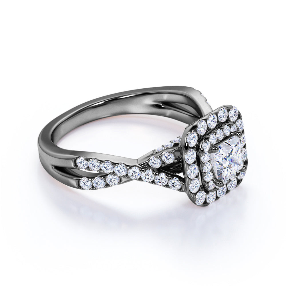 0.50 Carat - Square Cut Diamond - Twisted Band - Pave - Double Halo Engagement Ring - 10K White Gold