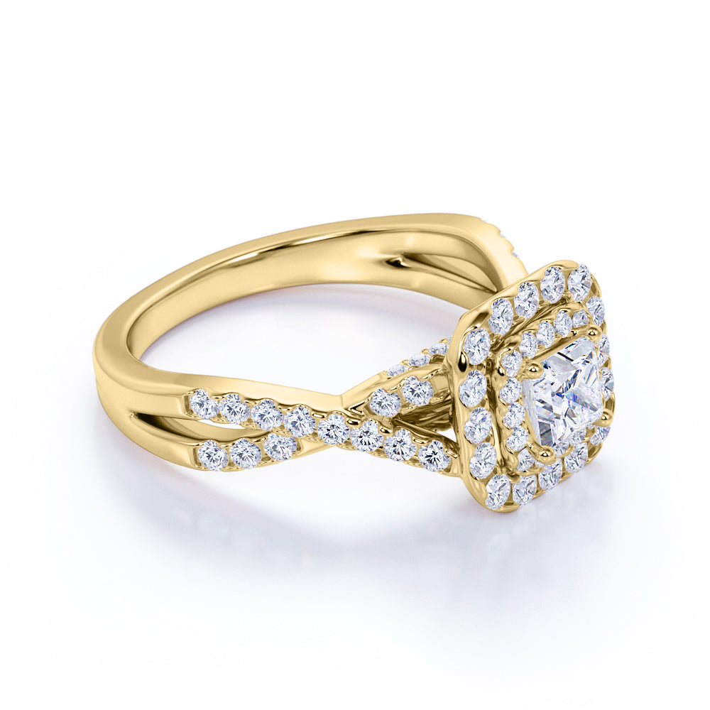 0.50 Carat - Square Cut Diamond - Twisted Band - Pave - Double Halo Engagement Ring - 10K White Gold