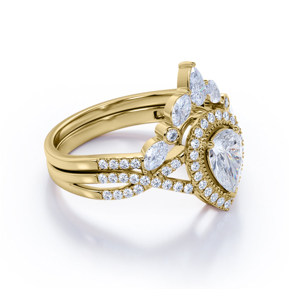 JeenMata 1.75 Carat Pear Cut Moissanite Bohemian Wedding Set - Infinity Engagement Ring with Art Deco Wedding Band in 10k White Gold