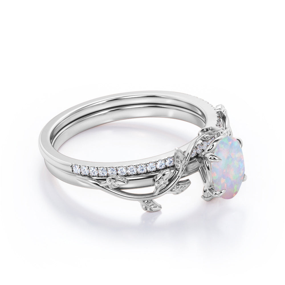 JeenMata Prong Setting 1.5 Carat Ovate Rainbow Opal and Moissanite Leaf Design Wedding Ring Set in 18K Black Gold Plating over Silver