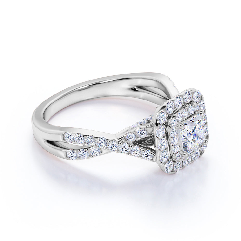 0.50 Carat - Square Cut Diamond - Twisted Band - Pave - Double Halo Engagement Ring - 10K White Gold