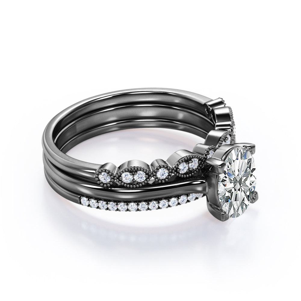 Solitaire 2 Carat Oval Cut Moissanite Art Deco Trio Set