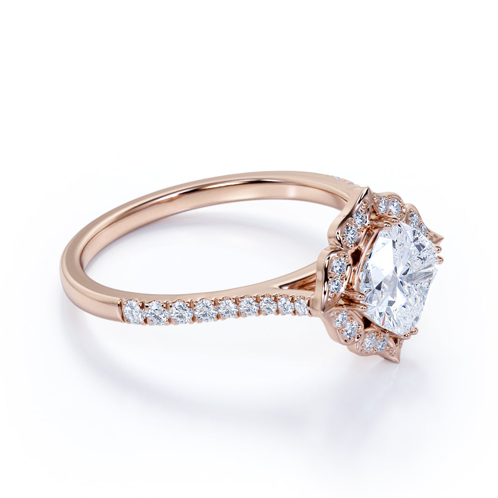 1.25 Carat Cushion Cut Moissanite Floral Engagement Ring