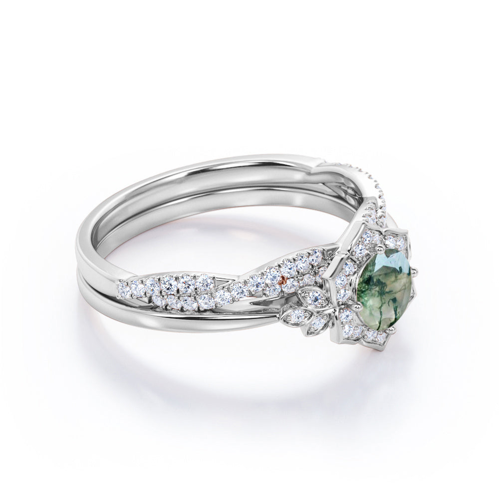 JeenMata Flower Halo Bezel 1.5 Carat Round Cut Milky Dendritic Moss Green Agate and Moissanite Infinity Twisted Band Wedding Ring Set in 18K Rose Gold Plating over Silver