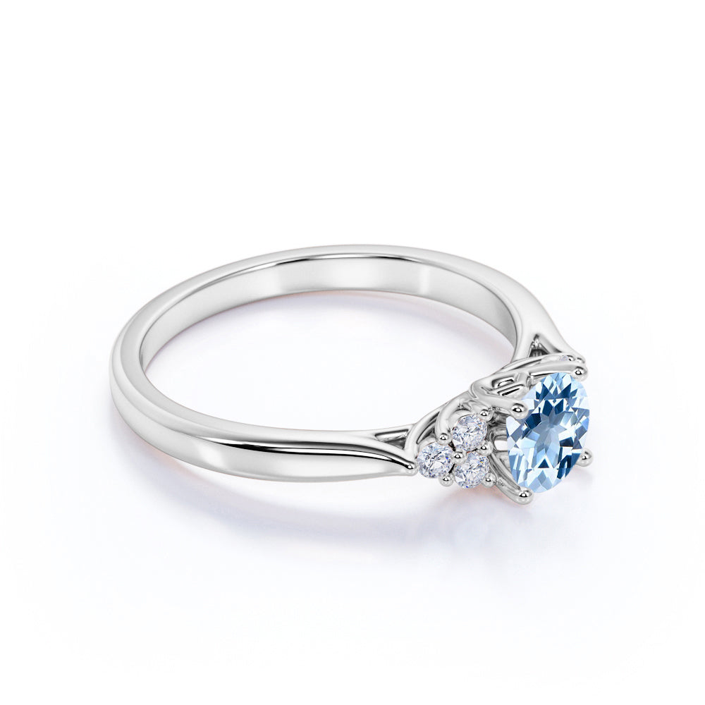 JeenMata 1.10 carat Round Light Blue Created Aquamarine 7 Stone Vintage Engagement Ring in 18k White Gold over Silver