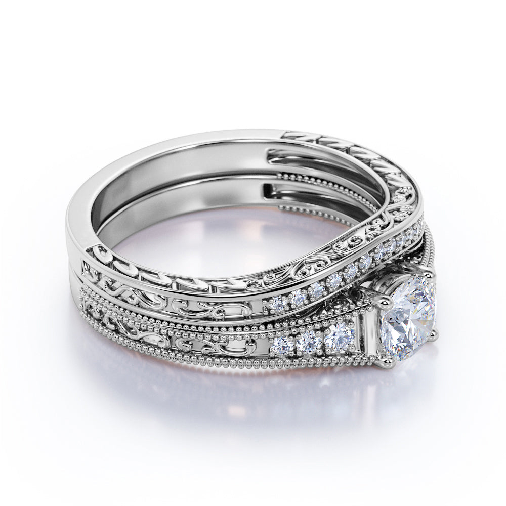 Certified 1.5 CT Round Lab Diamond Vintage Milgrain Bridal Set